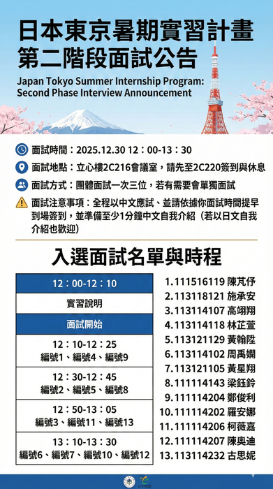 【海外實習甄選公告】2026年度「日本學海築夢」面試公告圖片